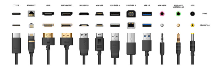 Cables and computer ports types, electronic device input cable cords. Vector realistic type c and mini USB, ethernet and HDMI for monitor, DisplayPort and mini-jack microphone, dc in technology