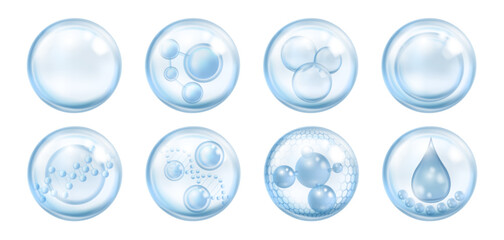 Drop of water with DNA structure and molecules. Vector isolated set of collagen droplets, essence or cosmetic serum for skin care and rejuvenation. Liquid bubble realistic solution, hyaluronic acid