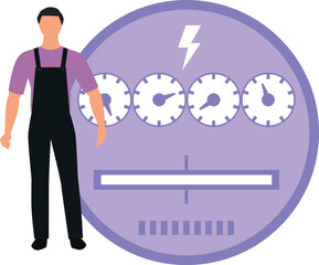 A boy is standing by an electricity meter.