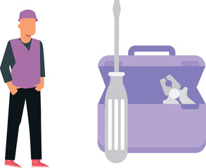 An electrician stands by a toolbox.