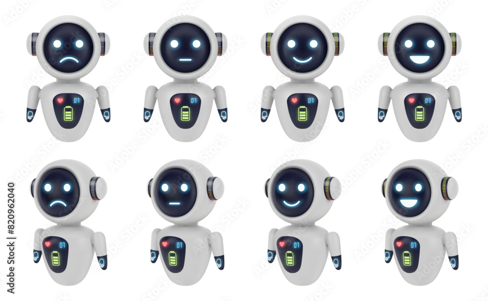 Aufkleber Robot or cyborg with facial expressions of joy happiness and sadness. Vector isolated set of futuristic toys or personal helpers with artificial intelligence. Smiling android with virtual memory