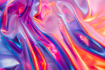 Obraz premium close up of ethereal bright neon pink magenta orange blue purple holographic metallic foil background abstract modern curved blurred surreal futuristic disco rave techno festive backdrop AI