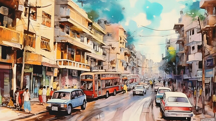 Fototapeta premium Busy Streets Watercolor