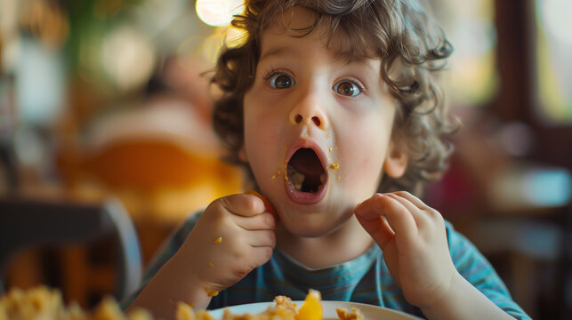 A little child who is eating rice or snacks Mouth from a stuffy throat caused by food being choked or stuck in the throat.