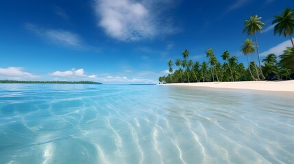Panoramic view of the beautiful tropical beach with palm trees and blue sky