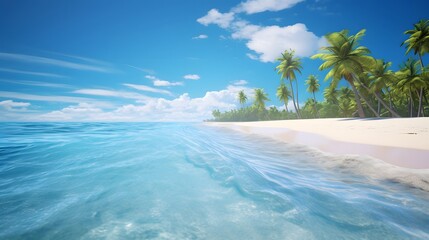 Panoramic view of a tropical beach with palm trees on a sunny day