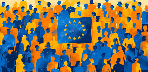 Multiracial group of people with European Union flag. Happy Europe day. European Parliament elections. European dream. Future of Europe. Flat illustration for banner, poster, card