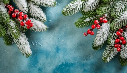 winter background in shades of blue with snow snowflakes snow covered tree branches and red berries copy space