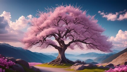 painting of a pink tree in blossom in spring
