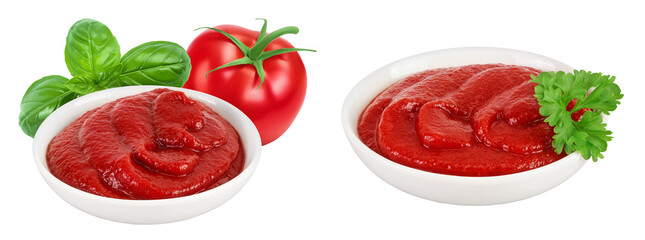 Red tomato sauce or ketchup in ceramic bowl isolated on white background . Top view. Flat lay