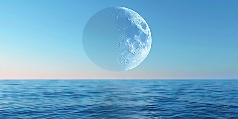 The Earth's crescent moon hangs in the sky, reflecting soft blue light upon an endless ocean