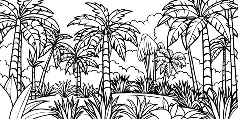Black and white drawing of tropical forest with palm trees - Line art vector illustration