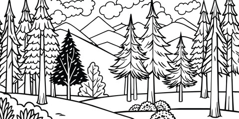 Forest landscape with fir trees - Black and white ink drawing