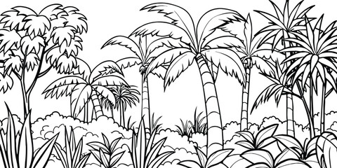 Landscape with palm trees - Black and white line art vector illustration