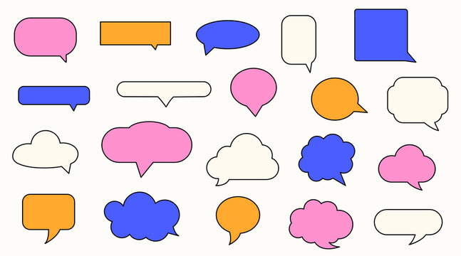 Set of colorful speech bubbles. Dialogue box in doodle style. Modern vintage vector illustration. Text boxes for chats and games. Various talk balloon shapes in retro 90's style