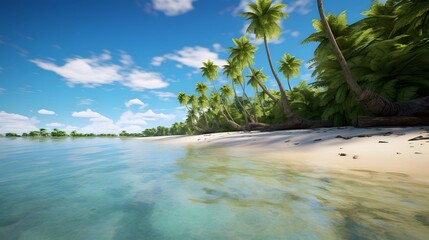 Panoramic view of tropical beach with palm trees and blue sky
