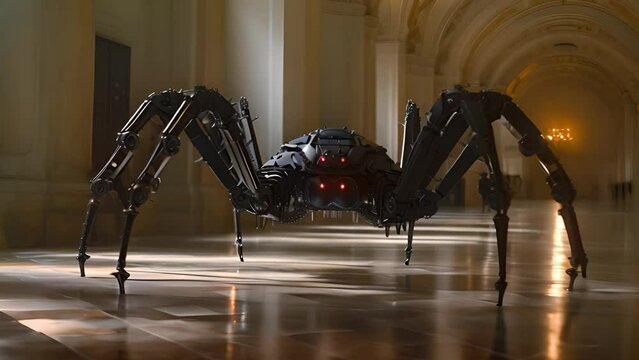 This robot spider navigates a hallway in a grand building. Robot Spider Walking in Ornate Building