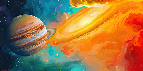 A gargantuan gas giant looms large, its colorful clouds swirling like an artist's palette.
