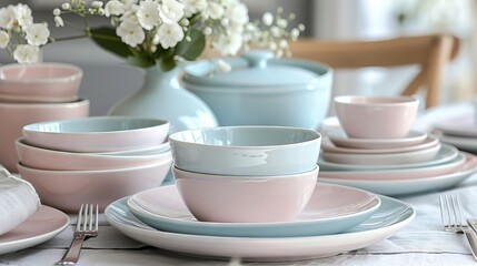 Elegant tableware setup with soft lighting pastel colors.