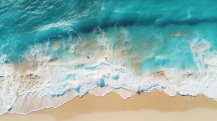 Fototapeta premium Sea beach drone shot from above tropical blue ocean white foamy waves lapping on the shore.