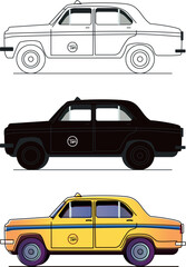 Kolkata yellow taxi silhouette and line art, front, side and back view