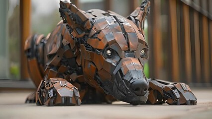 This robot dog lying on the ground near a building. Shepherd dog robot