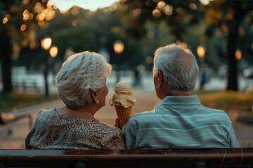 An elderly couple enjoys delicious ice cream at sunset while sitting on a bench together. Back view. Romantic date, family portrait. Happy pensioners concept