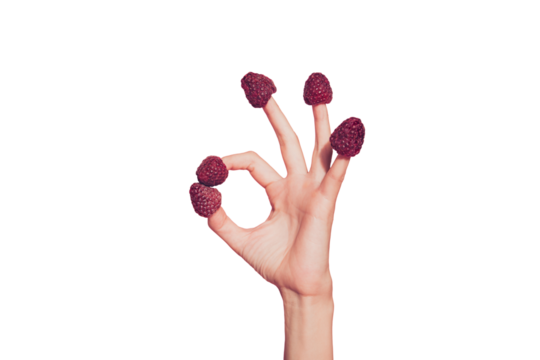 Close-up cropped nice well-groomed delicate hand five fingers sweet berries hats on nails showing ok-sign isolated over pink pastel background