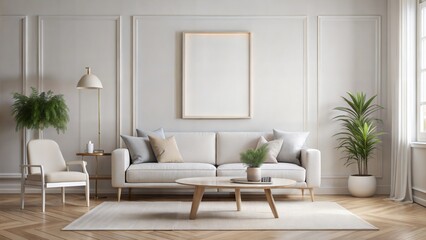 White Minimalist Frame Mockup – Living Room: A sleek white frame in a minimalist living room setting with neutral tones and modern furniture.
