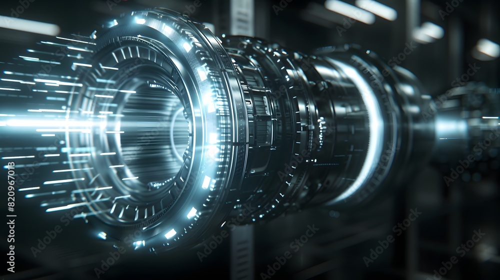 Poster a sleek, modern engine part rotating slowly in a dark space, with laser-like lights tracing its cont