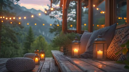 This wooden deck adorned with candles and pillows provides a cozy retreat with a stunning view of the mountains.