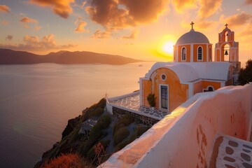 A beautiful sunset over the ocean with a small church in the background