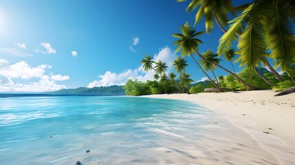 Panoramic view of Seychelles beach with palm trees