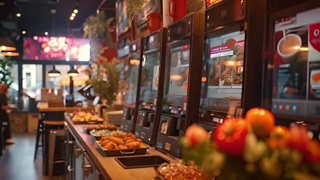 This line of vending machines in a restaurant, offering a variety of snacks and drinks.
