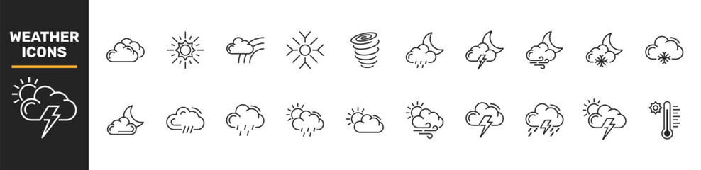 Set of 20 weather web icons in line style. Weather , clouds, sunny day, moon, snowflakes, wind, sun day. Vector illustration.