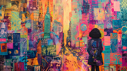 Fototapeta premium Artistic depiction of a woman sightseeing in a bustling city, with abstract patterns and vibrant colors