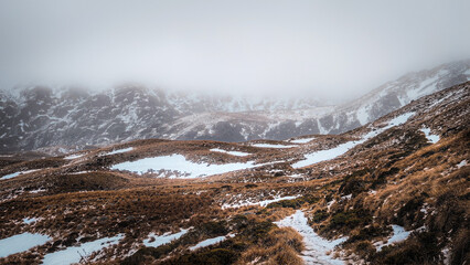 Footpath With Snow Mist Afar Towards Lake Sylvester, Kahurangi National Park, New Zealand