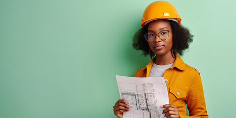 Architect at construction site, holding blueprint and wearing a hard hat, against green background, looking focused