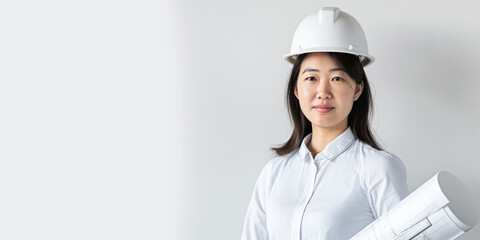 Female engineer with helmet on, wearing a white shirt, representing construction and engineering professions.