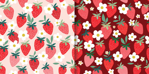 Strawberry seamless patterns set with colorful fruits and flowers, summer decorative wallpaper, background