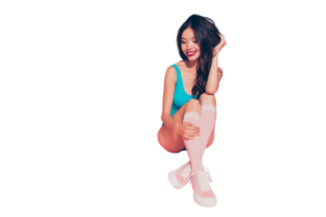 Full size photo of adorable beautiful pretty carefree careless dream lady with her brunette hair she look down rest relax sitting on floor hold isolated on shine pastel pink background