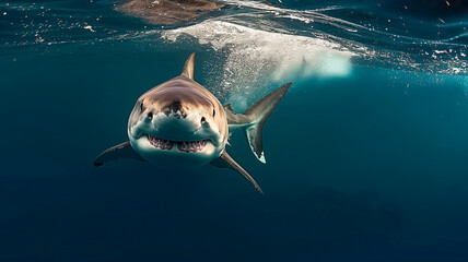 Majestic white shark (Carcharodon carcharias) swimming through sunlit waters. Concept of shark close encounter undewater.