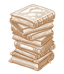Pile of old books in hardbacks with bookmark. Vertical stack of ancient textbooks for reading. Sketch drawing