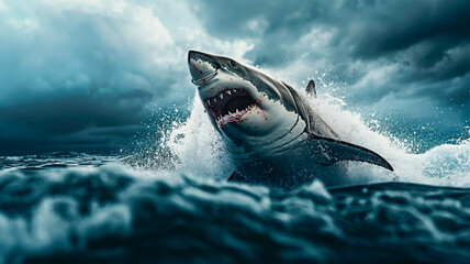 A menacing white shark (Carcharodon carcharias) emerging from stormy seas. A display of shark power in rough waters.