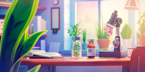 Study desk with scientific research elements. Desk with microscope, a plant in a jar and chemical samples. Concept of scientific exploration and experiments with plants.