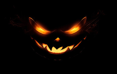 Glowing eyes of a halloween pumpkin on black background.