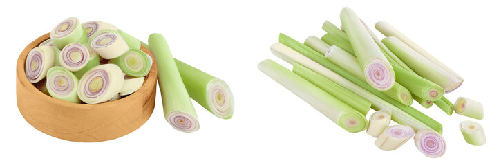 Fresh Lemongrass slices in wooden bowl isolated on white background with full depth of field