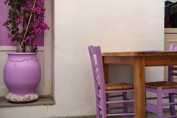 magenta colors of begonville plant in pot in greek mediterranean street cafe with lilac chairs