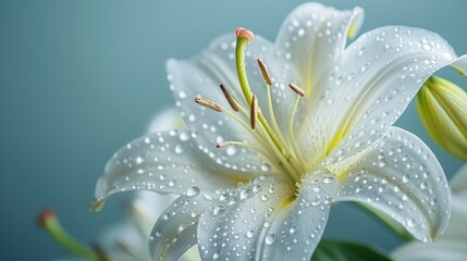 Fototapeta premium Close-up of white lily with dew on petals against a soft blue backdrop.