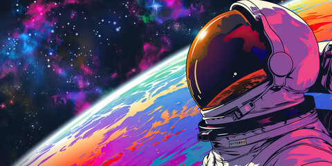 A colorful cosmic landscape unfolds behind a spacesuit-clad astronaut, their helmet visor reflecting the distant stars